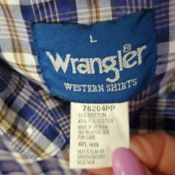 Wrangler Western Wear Sz. L Blue Plaid Pearl Snap SS Casual Button Down Shirt - Picture 7 of 14